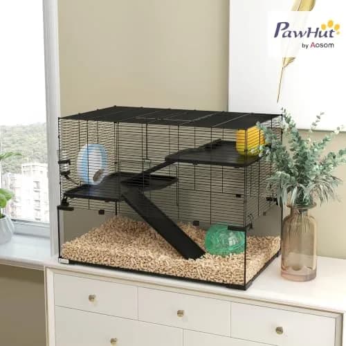 PawHut Large Hamster Cage Deep Tempered Glass Bottom 30"x19"x21.5" Black | Multi-Level Habitat for Syrian & Dwarf Hamsters thumbnail 2