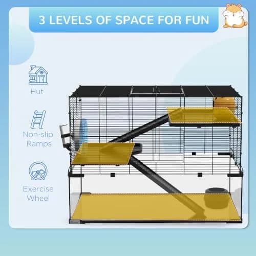 PawHut Large Hamster Cage Deep Tempered Glass Bottom 30"x19"x21.5" Black | Multi-Level Habitat for Syrian & Dwarf Hamsters thumbnail 3