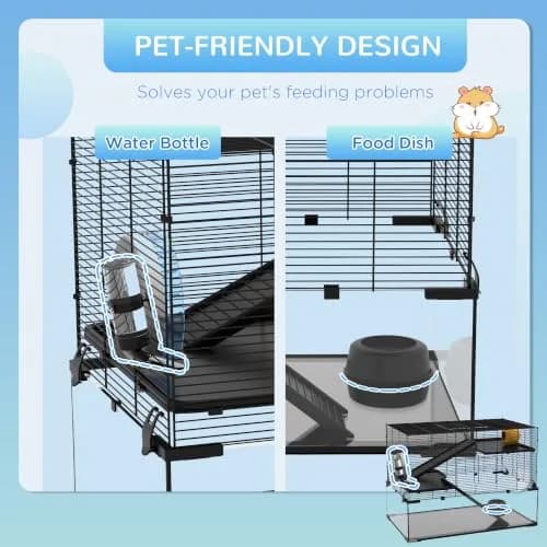PawHut Large Hamster Cage Deep Tempered Glass Bottom 30"x19"x21.5" Black | Multi-Level Habitat for Syrian & Dwarf Hamsters thumbnail 4
