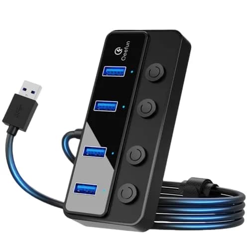 Q QEEFUN 4-Port USB 3.0 Hub with Type-C Power Port & 4ft Cable, Individual Switches, 5Gbps Data Transfer thumbnail 1