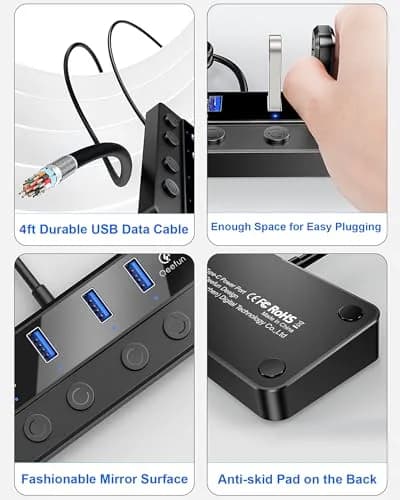 Q QEEFUN 4-Port USB 3.0 Hub with Type-C Power Port & 4ft Cable, Individual Switches, 5Gbps Data Transfer thumbnail 7