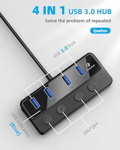 Q QEEFUN 4-Port USB 3.0 Hub with Type-C Power Port & 4ft Cable, Individual Switches, 5Gbps Data Transfer thumbnail 2
