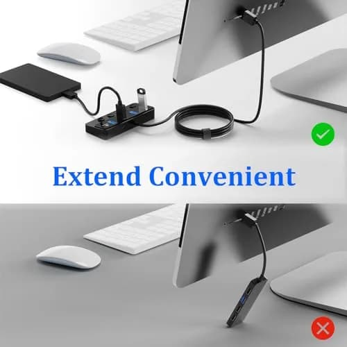Q QEEFUN 4-Port USB 3.0 Hub with Type-C Power Port & 4ft Cable, Individual Switches, 5Gbps Data Transfer thumbnail 3