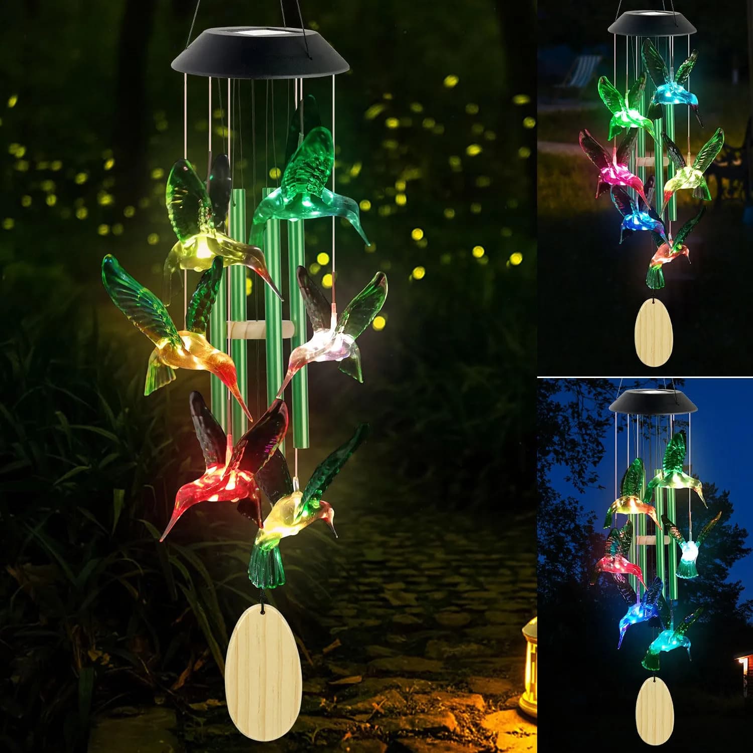 SIX FOXES Hummingbird Solar Wind Chimes Outdoor | Color Changing LED Yard Decor