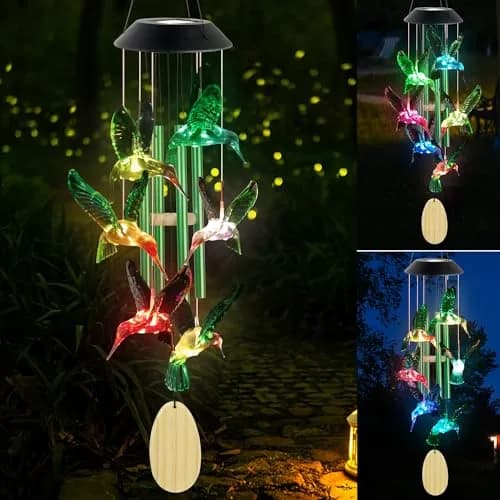 SIX FOXES Hummingbird Solar Wind Chimes Outdoor | Color Changing LED Yard Decor thumbnail 1