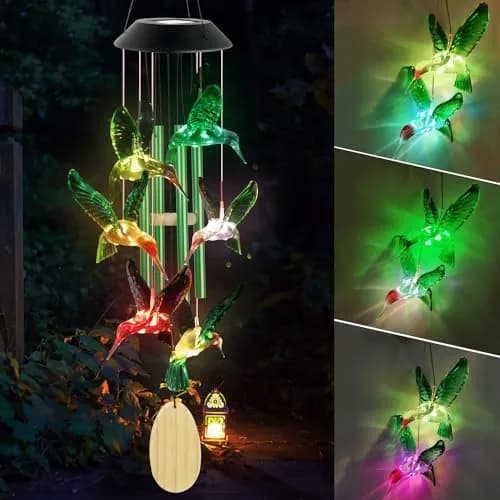 SIX FOXES Hummingbird Solar Wind Chimes Outdoor | Color Changing LED Yard Decor thumbnail 5