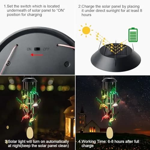 SIX FOXES Hummingbird Solar Wind Chimes Outdoor | Color Changing LED Yard Decor thumbnail 7