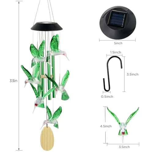 SIX FOXES Hummingbird Solar Wind Chimes Outdoor | Color Changing LED Yard Decor thumbnail 2