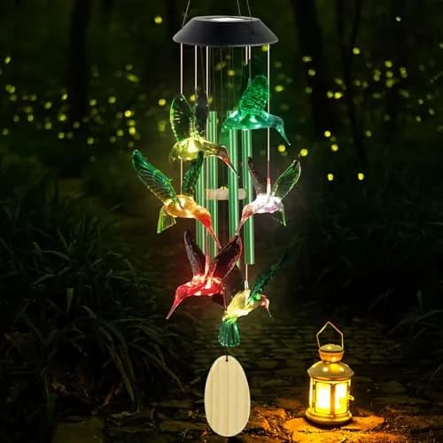 SIX FOXES Hummingbird Solar Wind Chimes Outdoor | Color Changing LED Yard Decor thumbnail 3