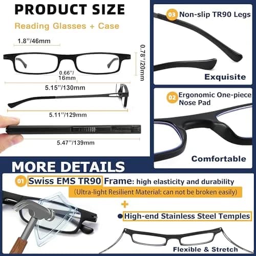 TOVEEN Compact Folding Reading Glasses +3.0 | Blue Light Blocker, Ultra Thin, Impact-Resistant TR90 Frame thumbnail 5