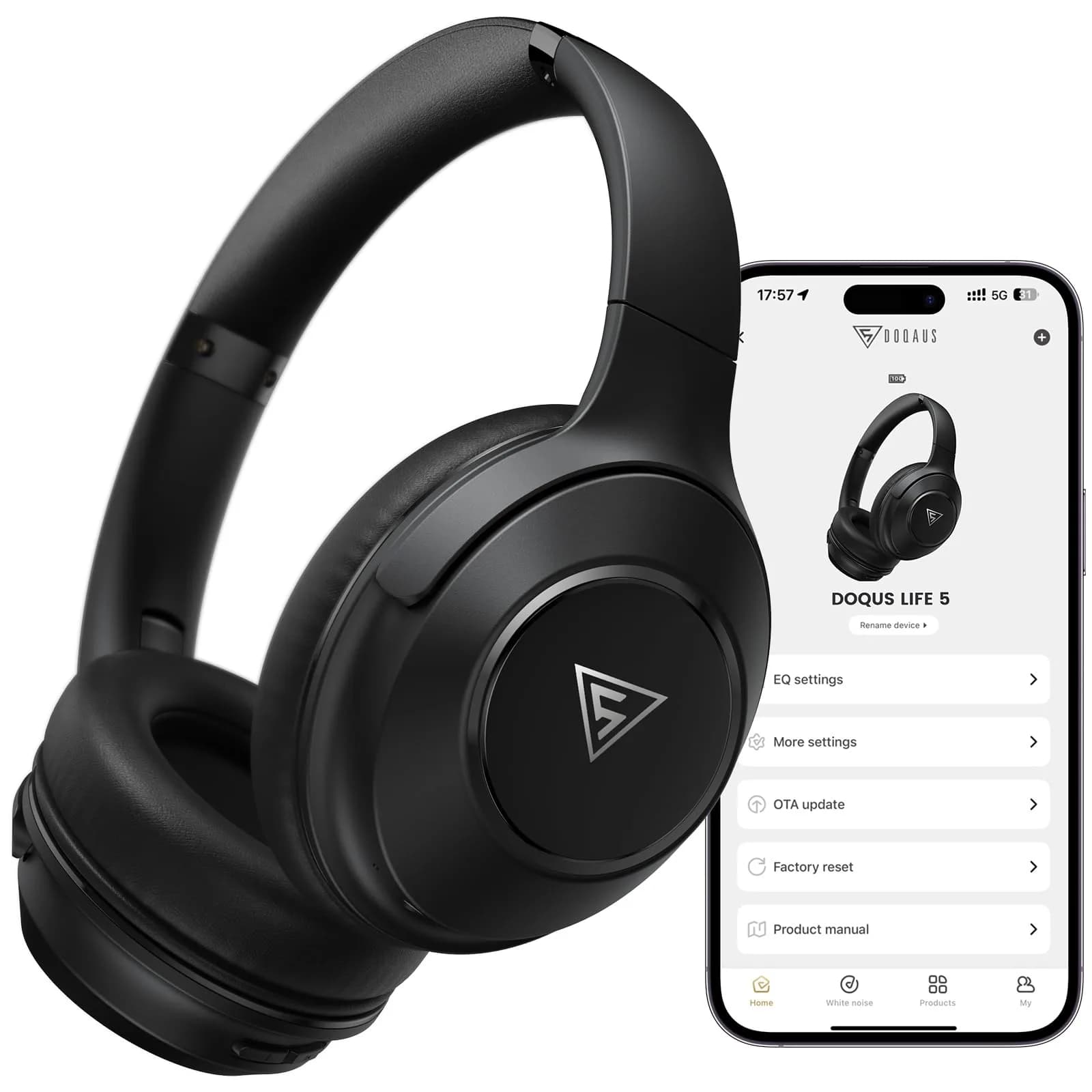 DOQAUS LIFE 5 Over-Ear Bluetooth Headphones with App Control & 9 EQ Modes | 70-Hour Battery, Black - main product image