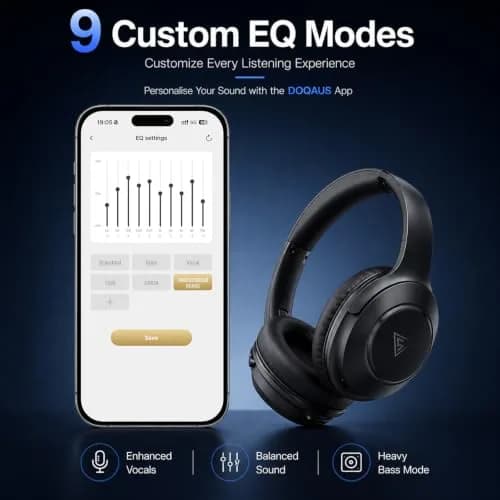 DOQAUS LIFE 5 Over-Ear Bluetooth Headphones with App Control & 9 EQ Modes | 70-Hour Battery, Black thumbnail 2