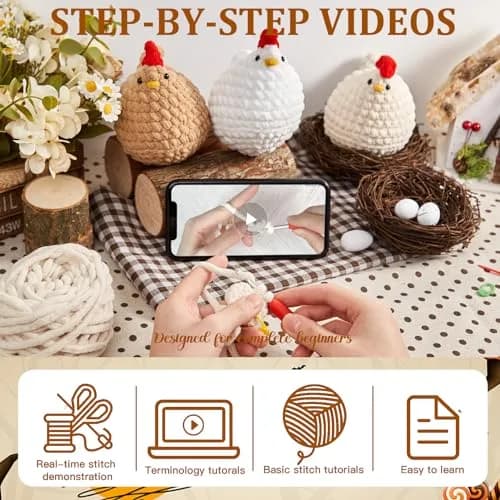 MAGIMUSE Crochet Kit for Beginners, 3 Pcs Chicken Crochet Craft Kit | Step-by-Step Video & Extra Yarn thumbnail 4