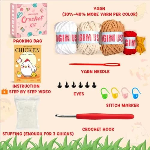 MAGIMUSE Crochet Kit for Beginners, 3 Pcs Chicken Crochet Craft Kit | Step-by-Step Video & Extra Yarn thumbnail 3