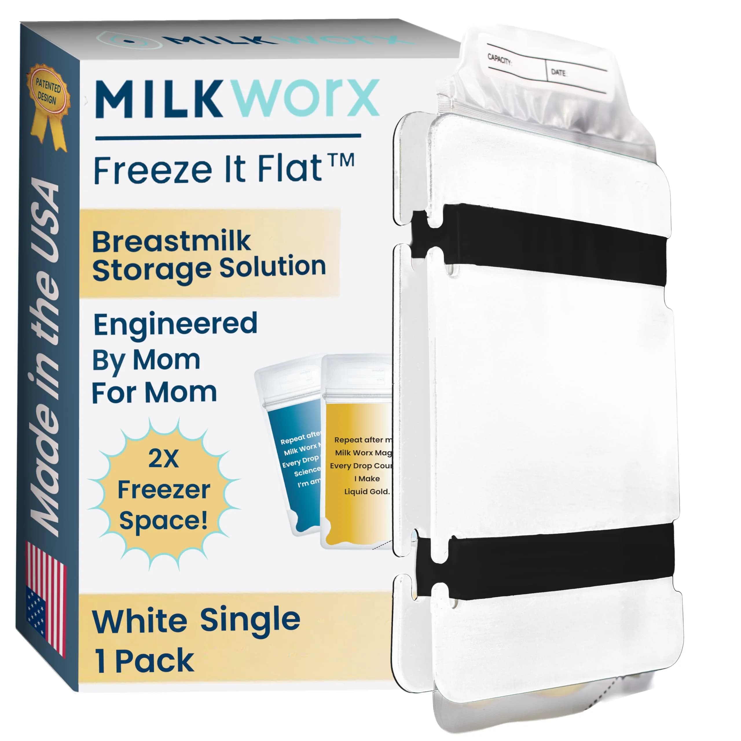 MilkWorx Freeze It Flat Breastmilk Freezer Organizer Black | Patented Flattener Doubles Freezer Storage — White / Single 1-pk