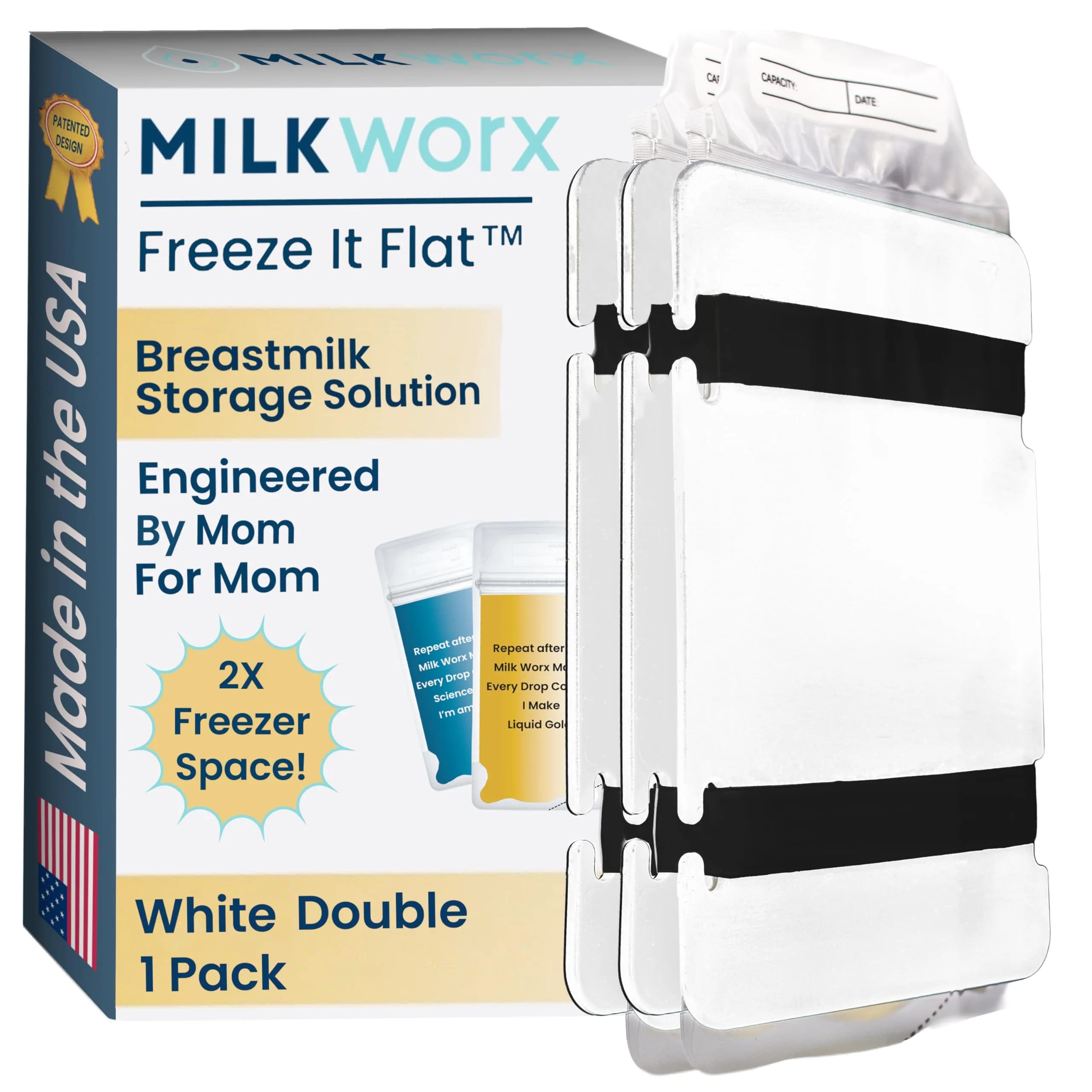 MilkWorx Freeze It Flat Breastmilk Freezer Organizer Black | Patented Flattener Doubles Freezer Storage — White / Double 1-pk