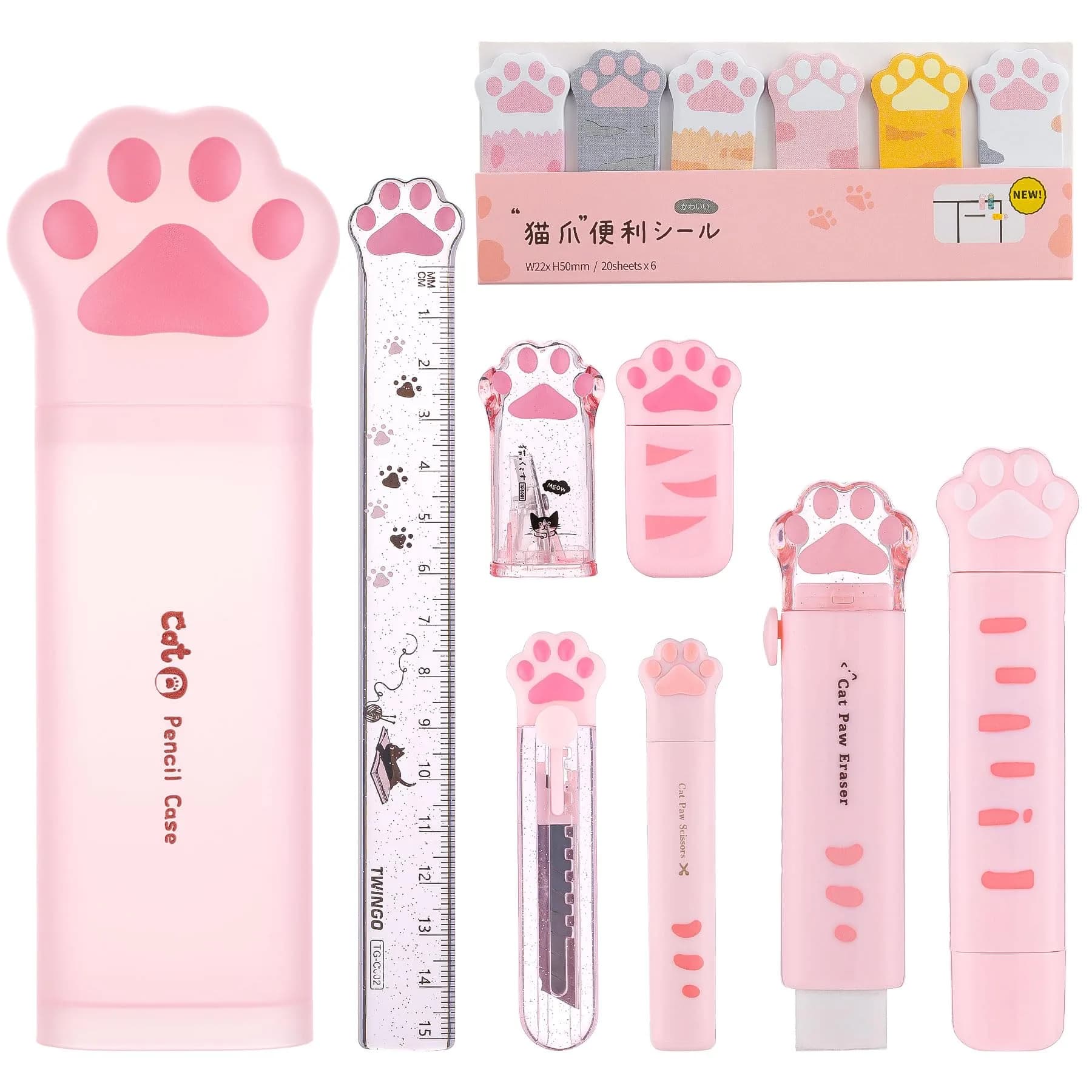 Kogcmeetl Pink 9 Pcs Cute Cat Paw Stationery Set | Retractable Eraser & Correction Tape - main product image