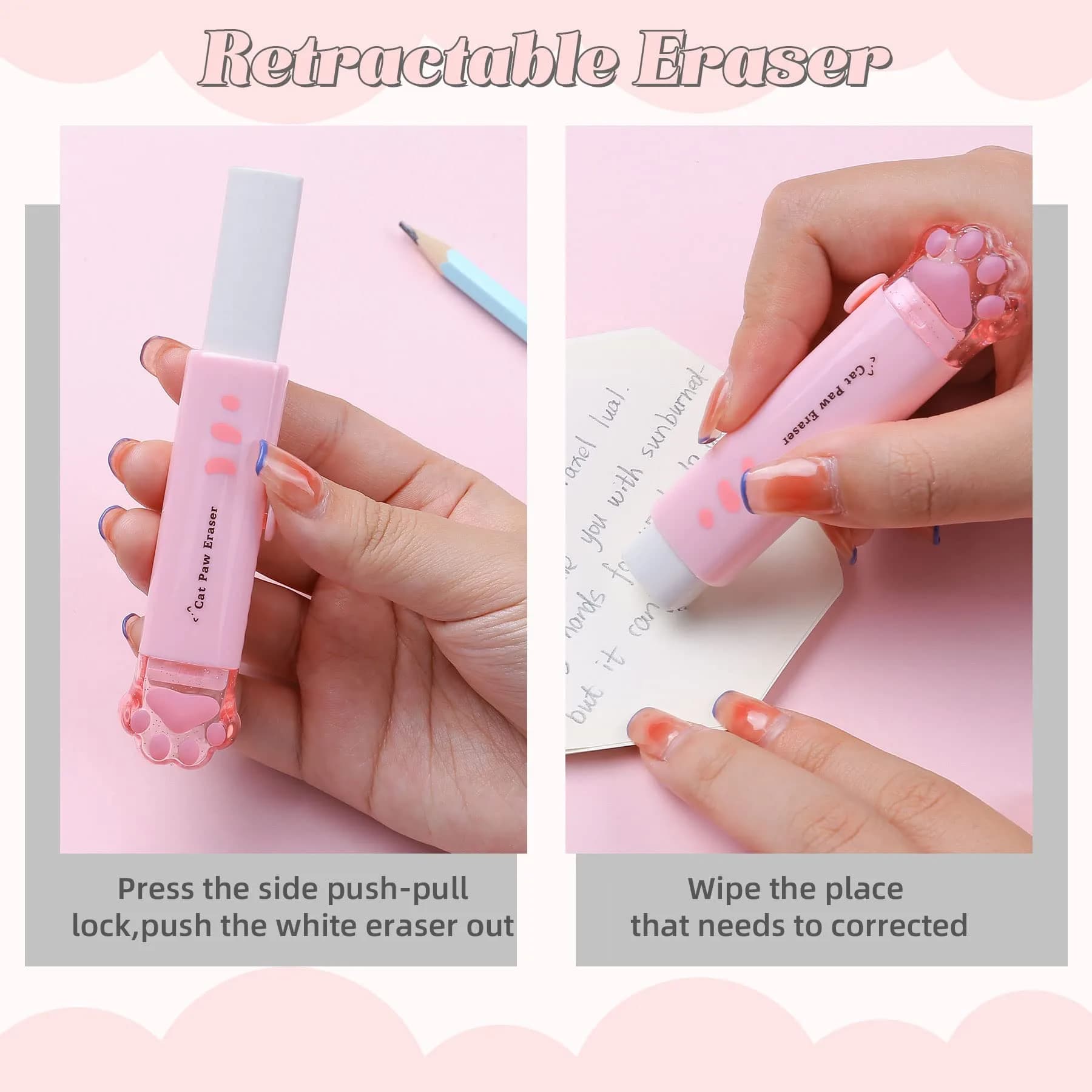 Kogcmeetl Pink 9 Pcs Cute Cat Paw Stationery Set | Retractable Eraser & Correction Tape - view 5