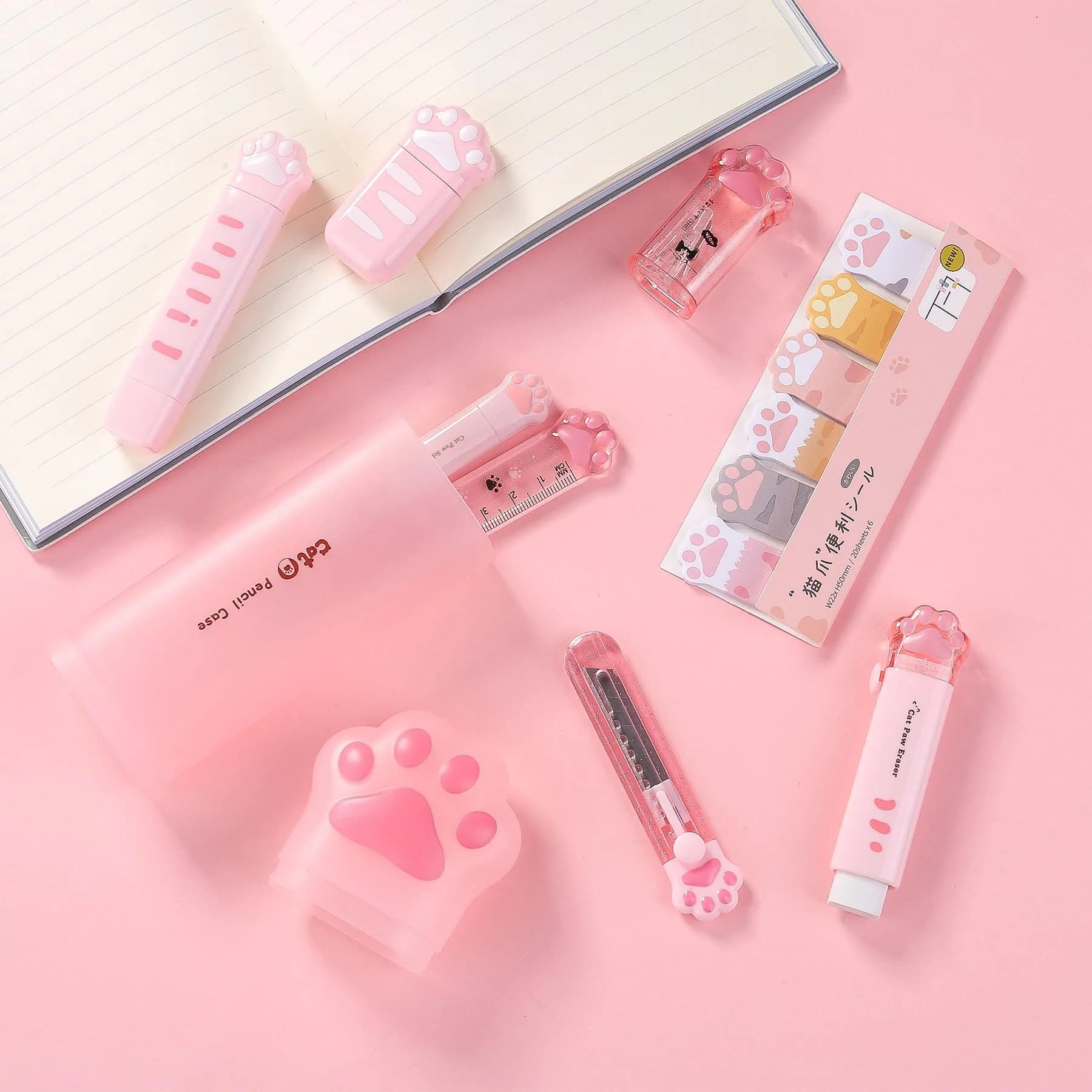Kogcmeetl Pink 9 Pcs Cute Cat Paw Stationery Set | Retractable Eraser & Correction Tape - view 6