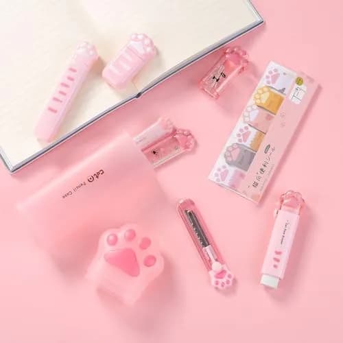 Kogcmeetl Pink 9 Pcs Cute Cat Paw Stationery Set | Retractable Eraser & Correction Tape thumbnail 6