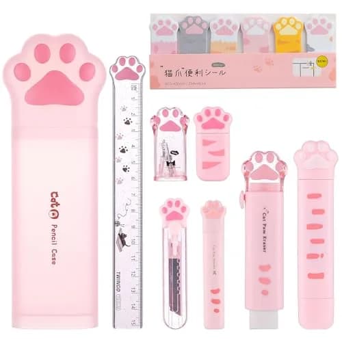 Kogcmeetl Pink 9 Pcs Cute Cat Paw Stationery Set | Retractable Eraser & Correction Tape thumbnail 1