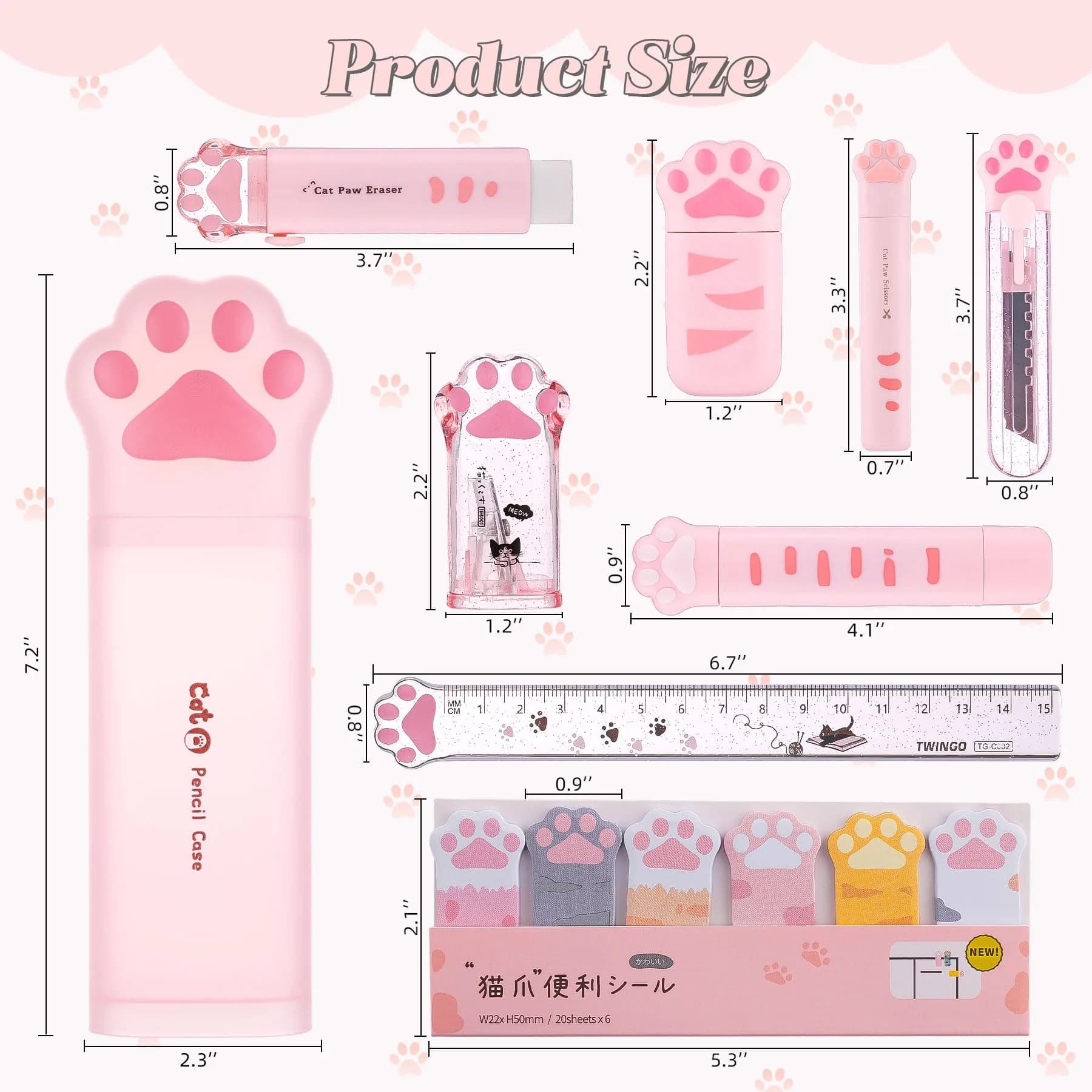 Kogcmeetl Pink 9 Pcs Cute Cat Paw Stationery Set | Retractable Eraser & Correction Tape - view 2