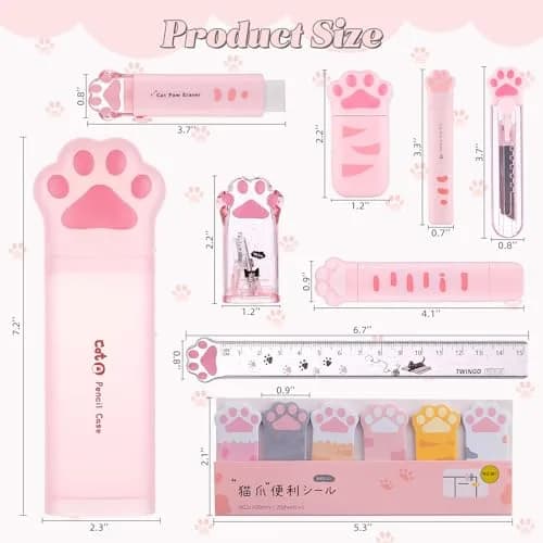 Kogcmeetl Pink 9 Pcs Cute Cat Paw Stationery Set | Retractable Eraser & Correction Tape thumbnail 2