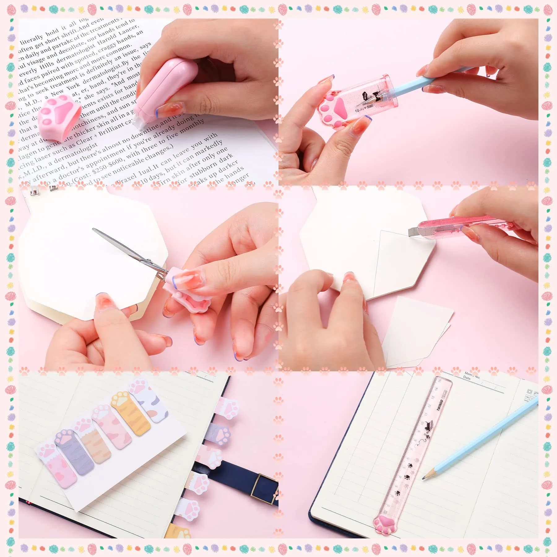 Kogcmeetl Pink 9 Pcs Cute Cat Paw Stationery Set | Retractable Eraser & Correction Tape - view 3