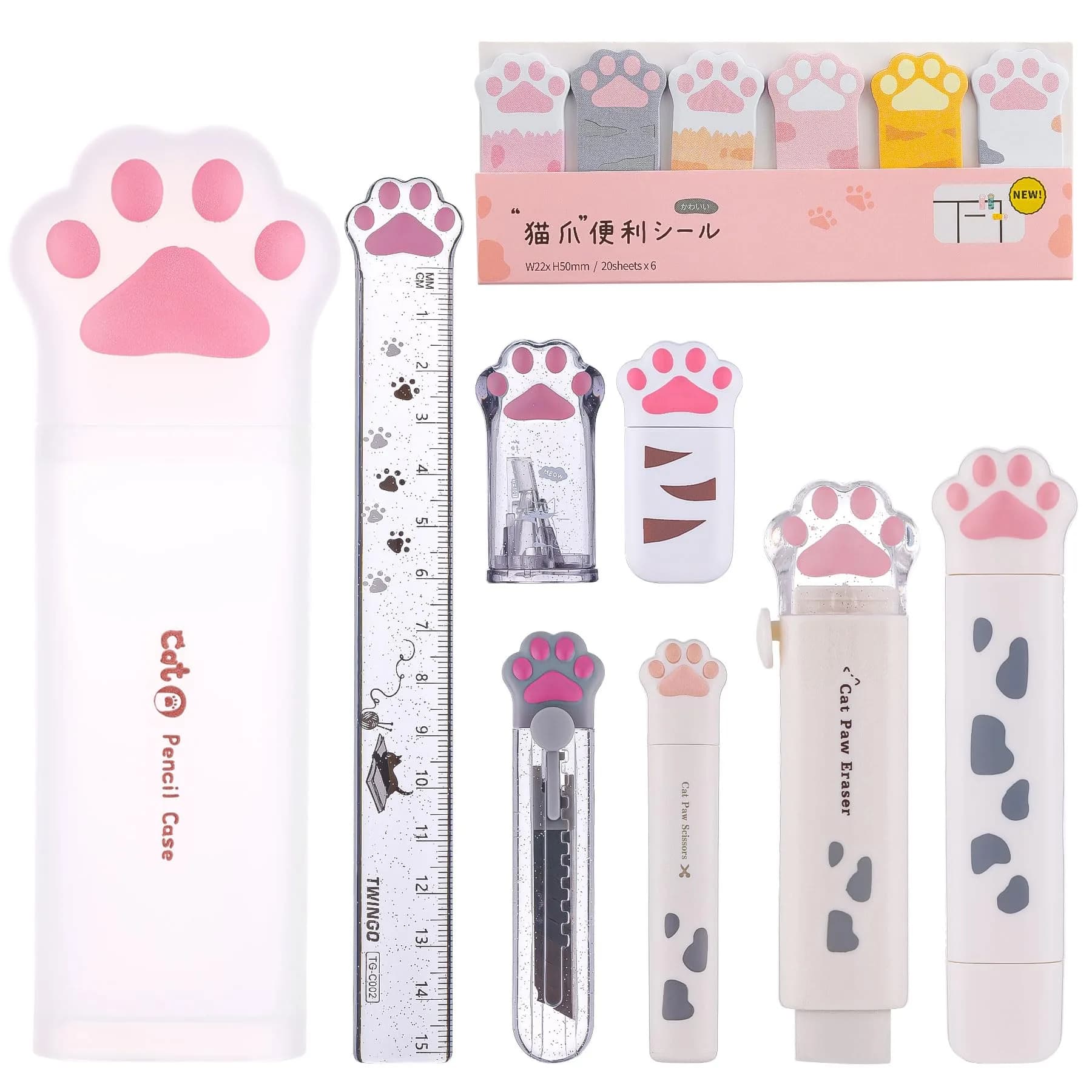 Kogcmeetl Style B White 9 Pcs Cute Cat Paw Stationery Set with Retractable Eraser & Sharpener - main product image