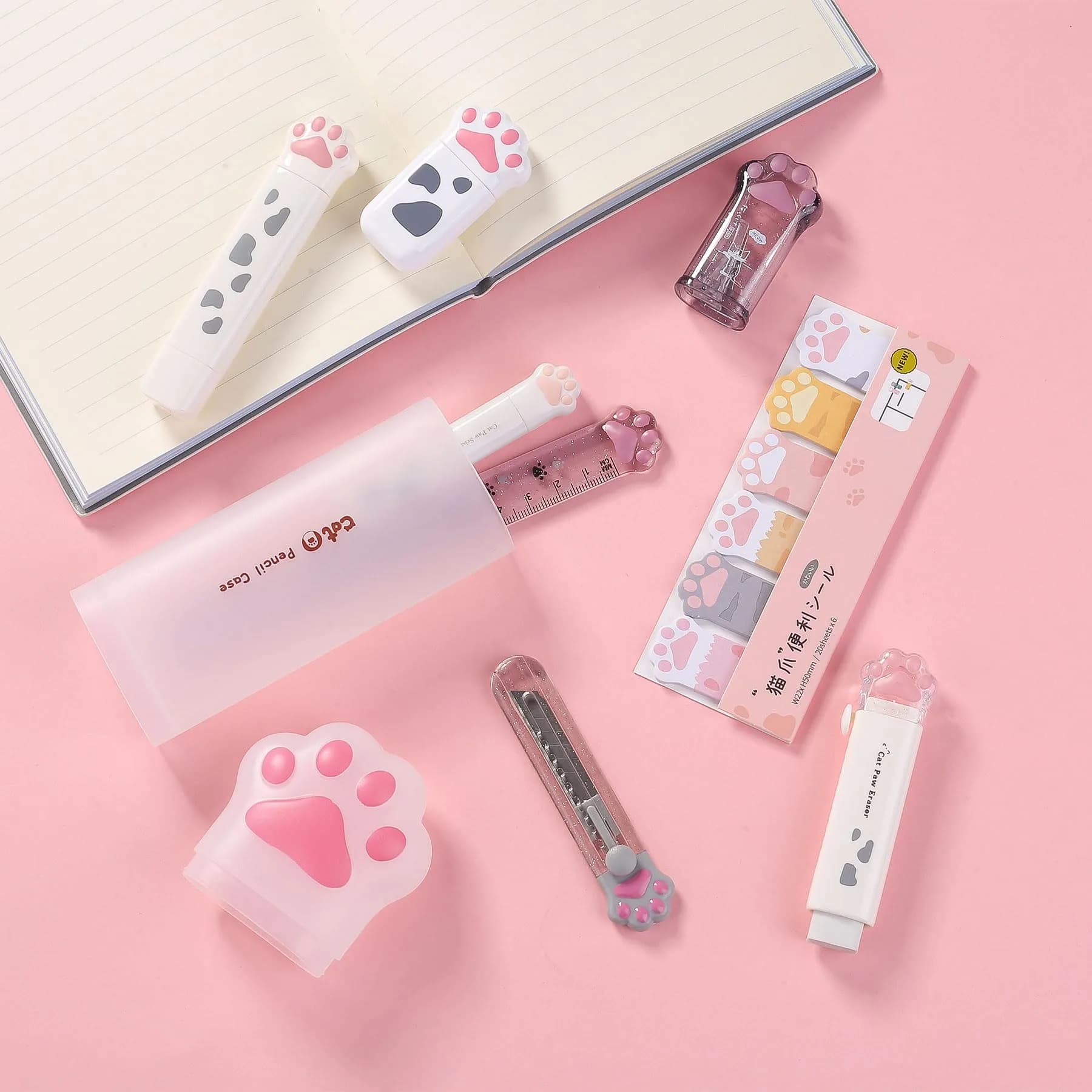 Kogcmeetl 9 Pcs Cute Cat Paw Stationery Set White | Retractable Eraser, Correction Tape, Sharpener, Ruler, Scissors, Knife, Sticky Notes - view 6