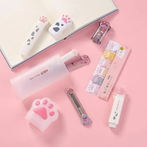 Kogcmeetl 9 Pcs Cute Cat Paw Stationery Set White | Retractable Eraser, Correction Tape, Sharpener, Ruler, Scissors, Knife, Sticky Notes thumbnail 6