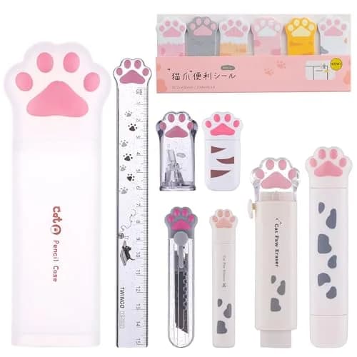Kogcmeetl 9 Pcs Cute Cat Paw Stationery Set White | Retractable Eraser, Correction Tape, Sharpener, Ruler, Scissors, Knife, Sticky Notes thumbnail 1