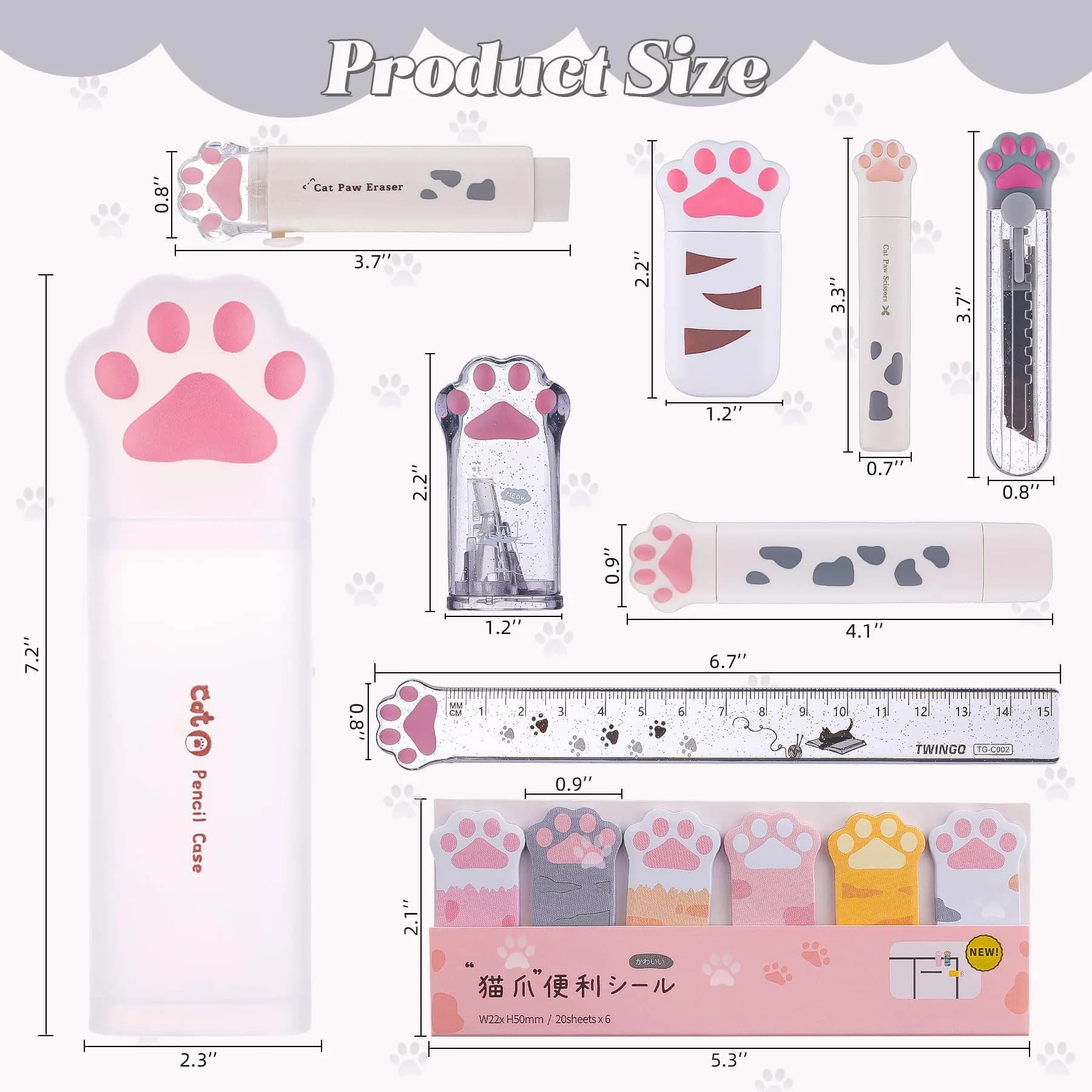 Kogcmeetl Style B White 9 Pcs Cute Cat Paw Stationery Set with Retractable Eraser & Sharpener - view 2