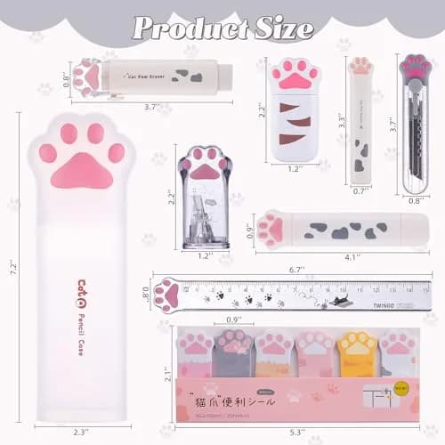 Kogcmeetl 9 Pcs Cute Cat Paw Stationery Set White | Retractable Eraser, Correction Tape, Sharpener, Ruler, Scissors, Knife, Sticky Notes thumbnail 2