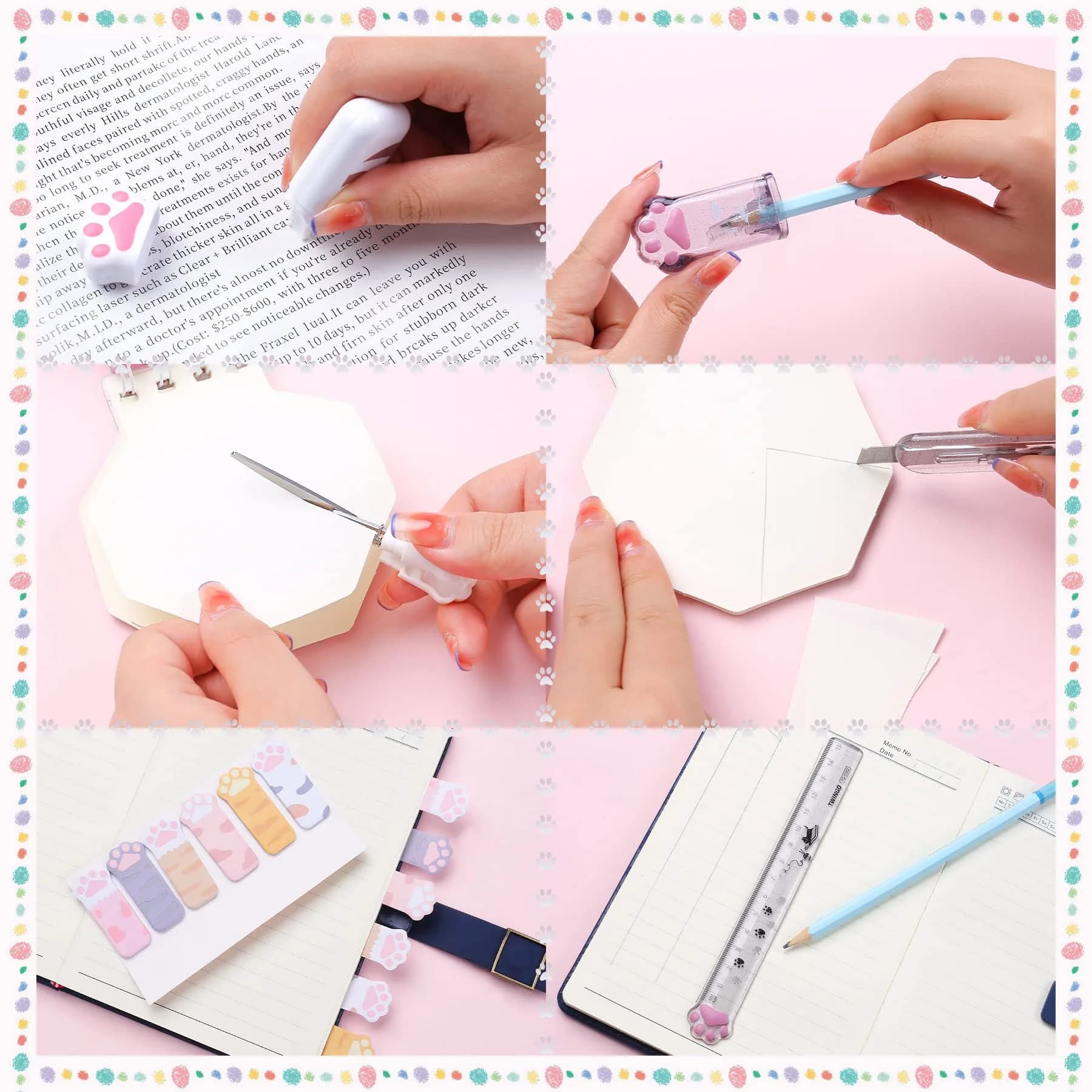 Kogcmeetl Style B White 9 Pcs Cute Cat Paw Stationery Set with Retractable Eraser & Sharpener - view 3