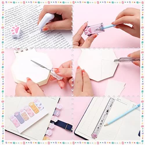 Kogcmeetl 9 Pcs Cute Cat Paw Stationery Set White | Retractable Eraser, Correction Tape, Sharpener, Ruler, Scissors, Knife, Sticky Notes thumbnail 3
