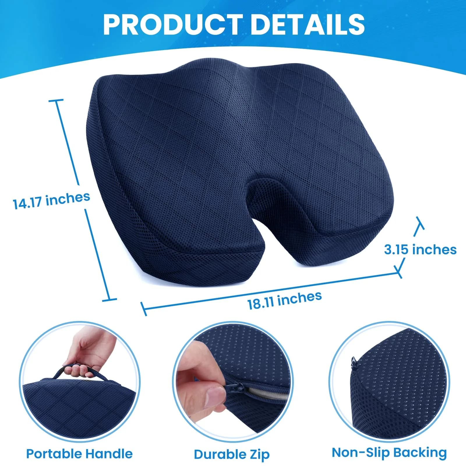 TushGuard Memory Foam Seat Cushion for Office Chair, Car, Airplane - Large Blue | Ergonomic U-Shape for Long Sitting Comfort - view 2