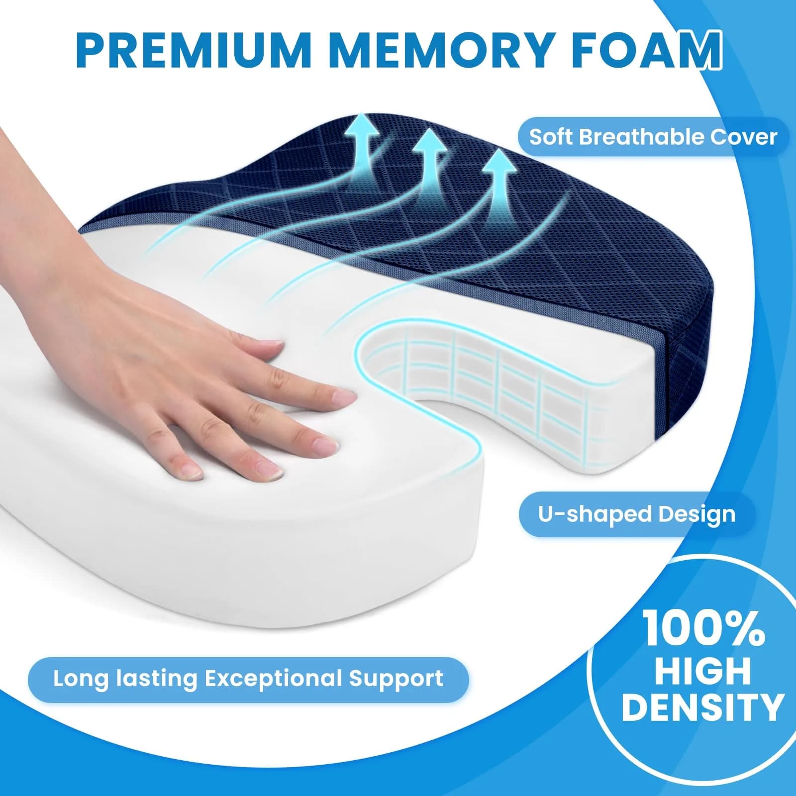TushGuard Memory Foam Seat Cushion for Office Chair, Car, Airplane - Large Blue | Ergonomic U-Shape for Long Sitting Comfort - view 3