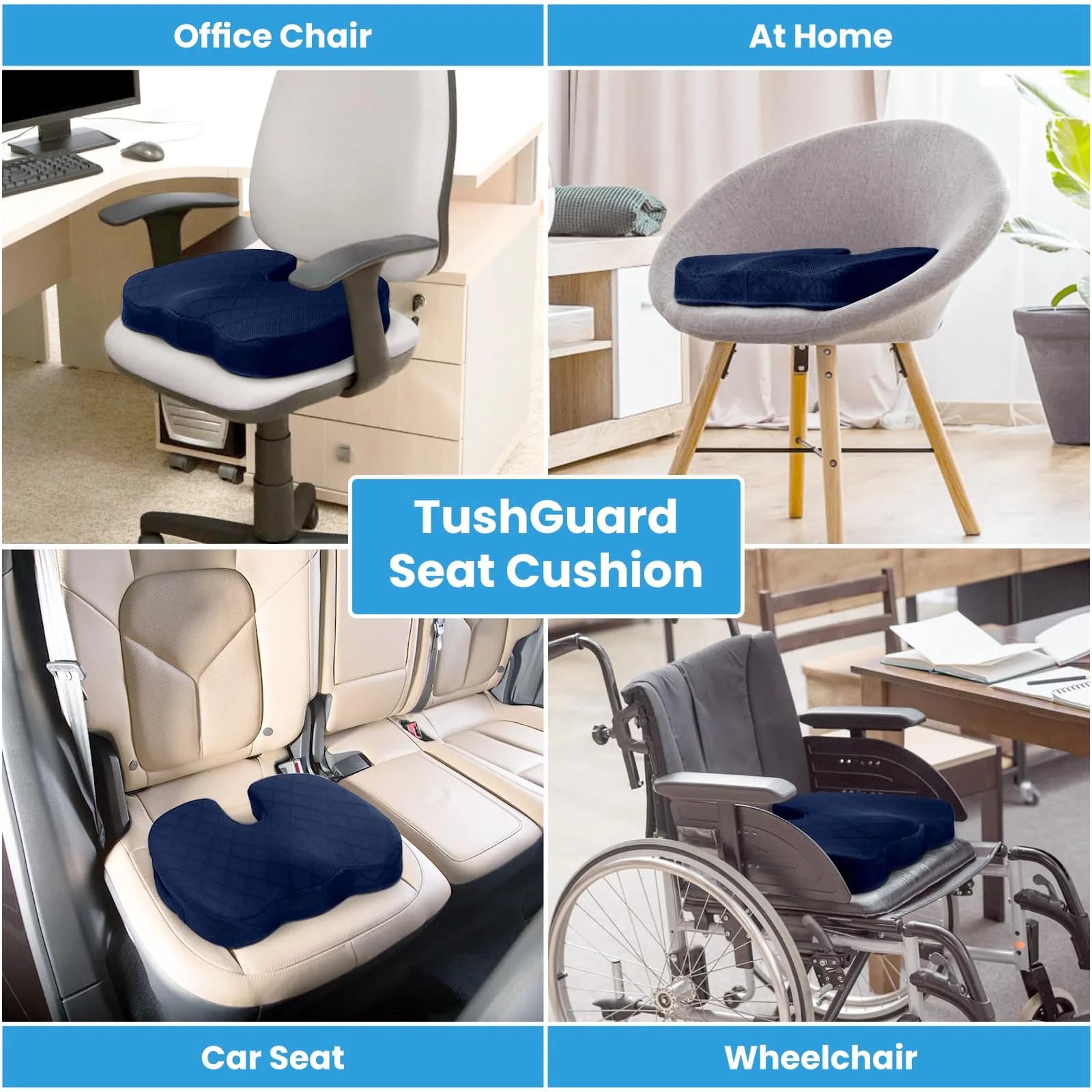 TushGuard Memory Foam Seat Cushion for Office Chair, Car, Airplane - Large Blue | Ergonomic U-Shape for Long Sitting Comfort - view 5