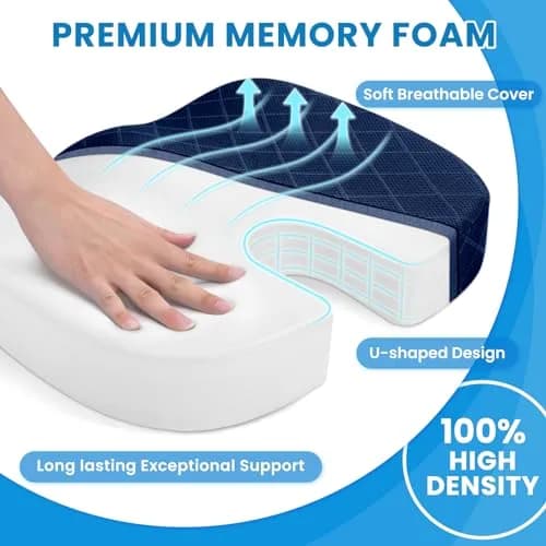 TushGuard Memory Foam Seat Cushion Blue | Ergonomic U-Shape for Office Chair, Car, Airplane, Bleacher - Sciatica & Coccyx Pain Relief thumbnail 3