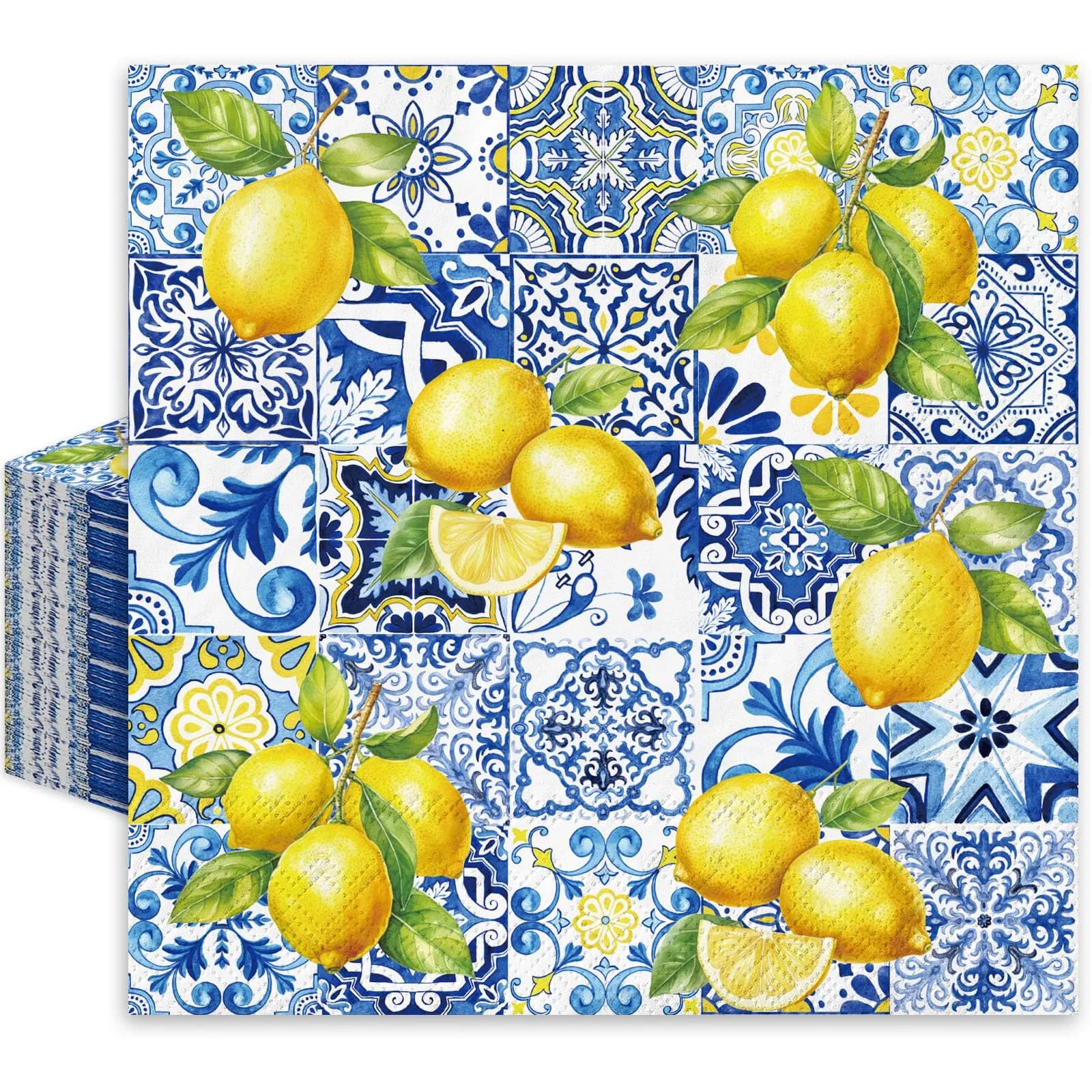 JarThenaAMCS Disposable Napkins 80Pcs Tiles Lemons Blue Yellow | Elegant Party Table Decor - main product image