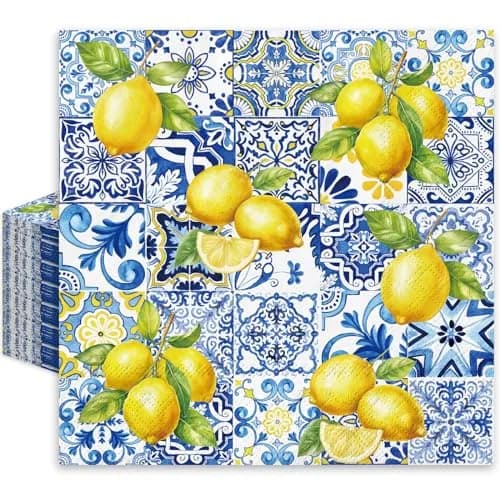 JarThenaAMCS Disposable Napkins 80Pcs Tiles Lemons Blue Yellow | Elegant Party Table Decor thumbnail 1