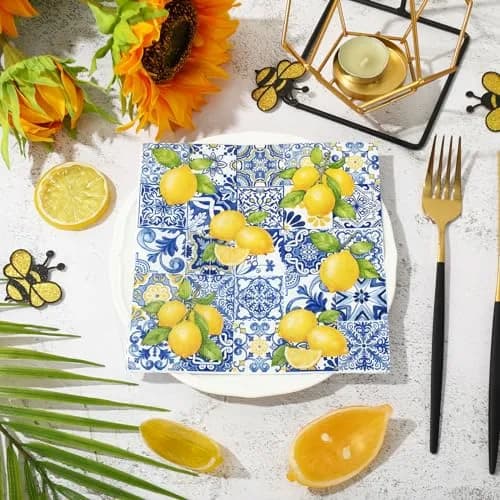 JarThenaAMCS Disposable Napkins 80Pcs Tiles Lemons Blue Yellow | Elegant Party Table Decor thumbnail 4