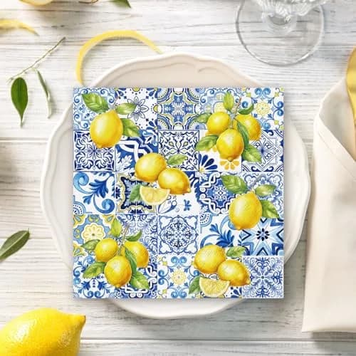 JarThenaAMCS Disposable Napkins 80Pcs Tiles Lemons Blue Yellow | Elegant Party Table Decor thumbnail 5