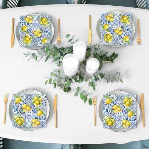 JarThenaAMCS Disposable Napkins 80Pcs Tiles Lemons Blue Yellow | Elegant Party Table Decor thumbnail 6