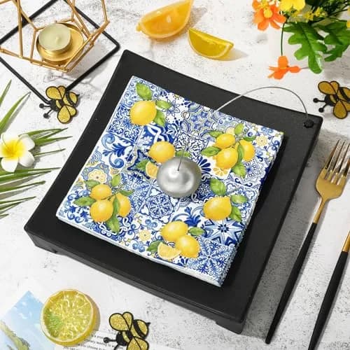 JarThenaAMCS Disposable Napkins 80Pcs Tiles Lemons Blue Yellow | Elegant Party Table Decor thumbnail 3