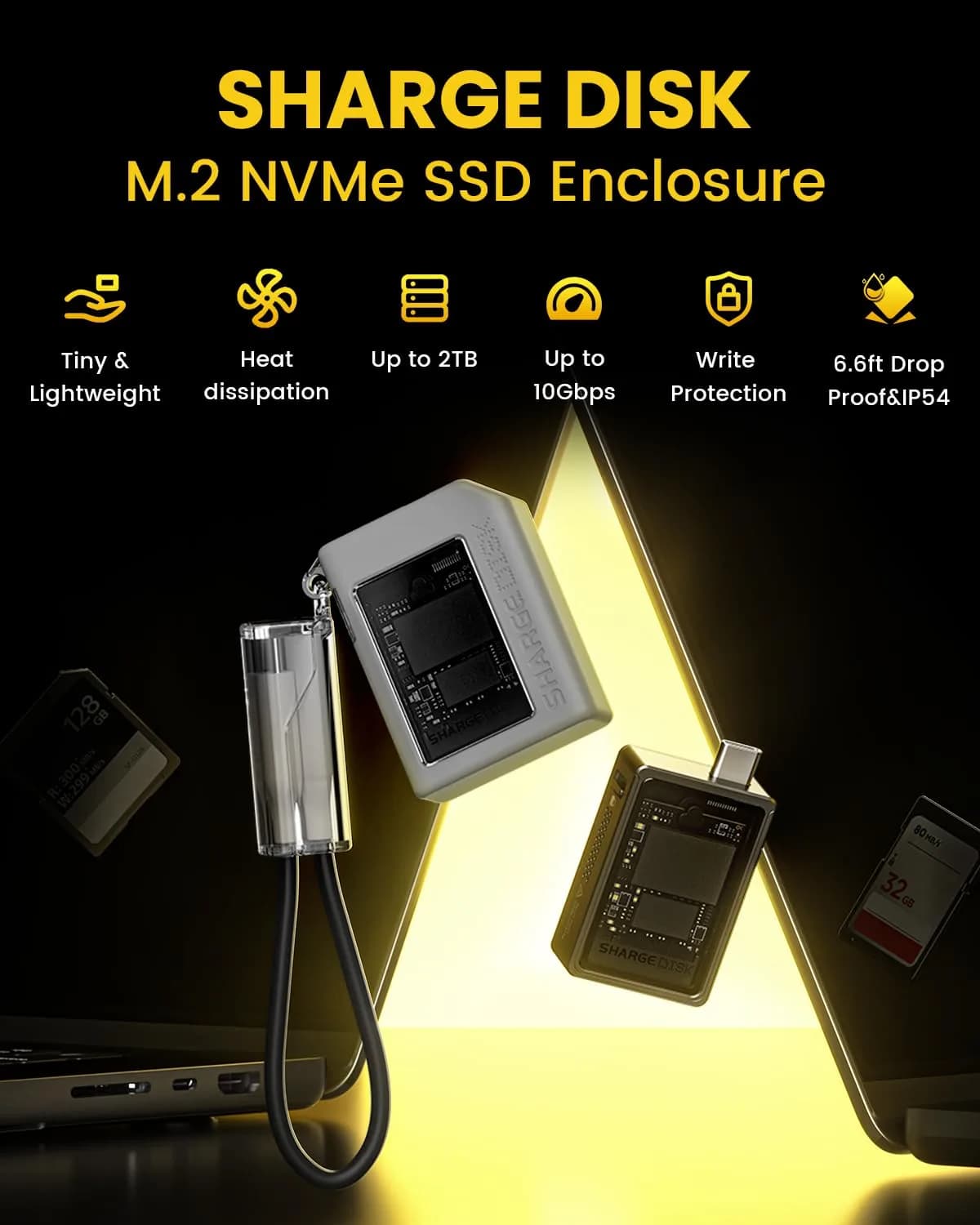 SHARGE Disk M.2 NVMe SSD Enclosure - Light Yellow, Active Cooling Fan, USB C 3.2 Gen2 - view 2