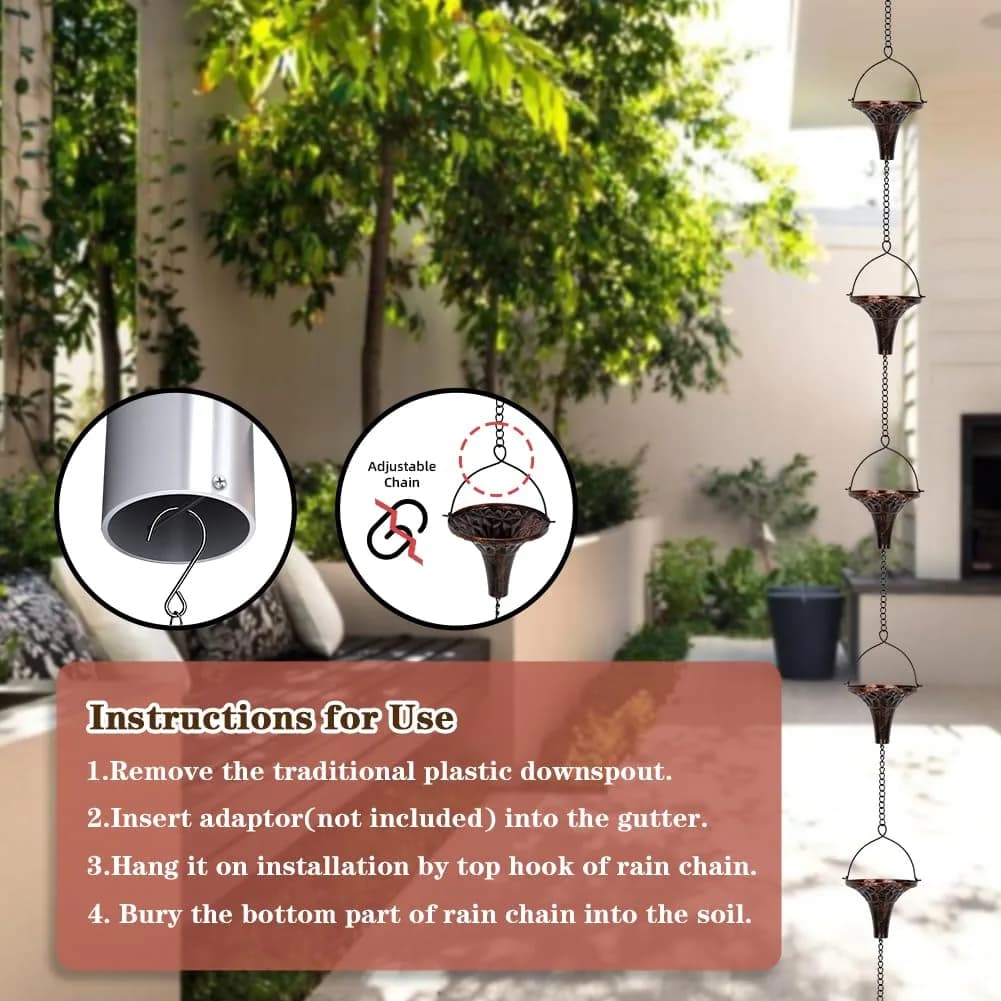 giole 12ft Metal Rain Chain with 12 Funnel Cups | Decorative Downspout Alternative for Homes - view 6