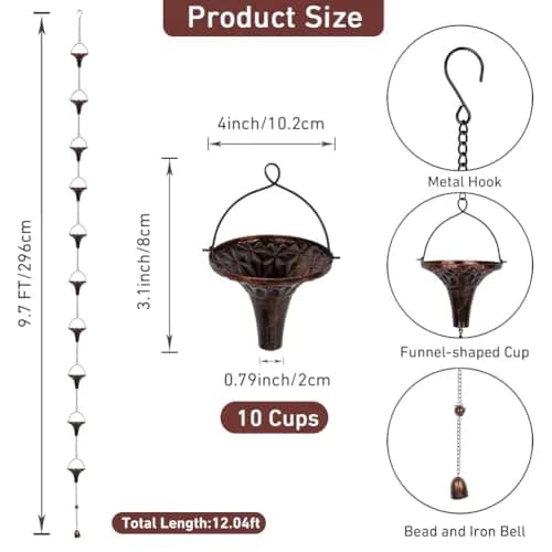 giole 12ft Metal Rain Chain with 12 Funnel Cups | Decorative Downspout Alternative for Homes thumbnail 2