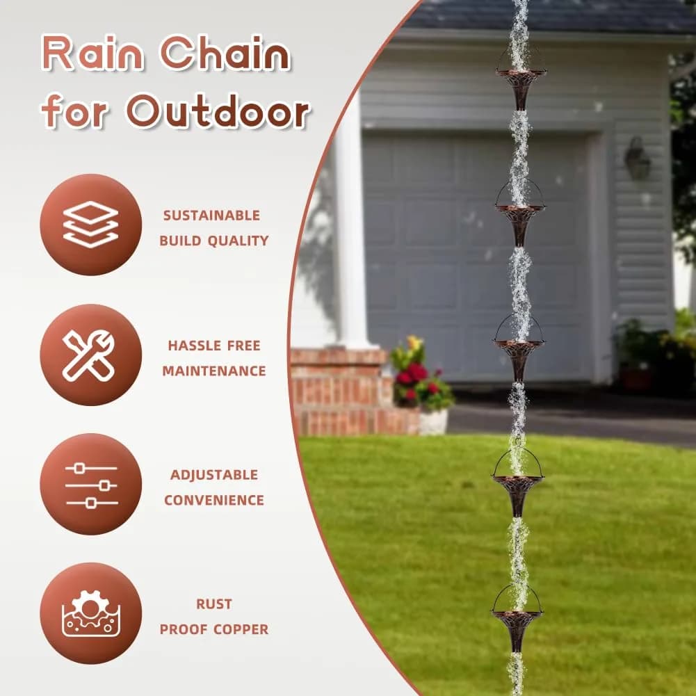 giole 12ft Metal Rain Chain with 12 Funnel Cups | Decorative Downspout Alternative for Homes - view 3